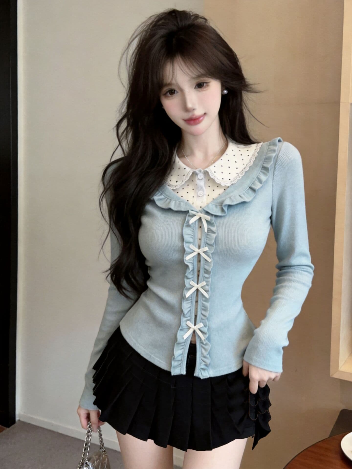 실사 새로운 학원 스타일 디자인 센스 페이크 레이어드 긴팔 티셔츠 여성 몸매 가꾸기 꽃무늬 베이비 칼라 맨위 상세 이미지 1