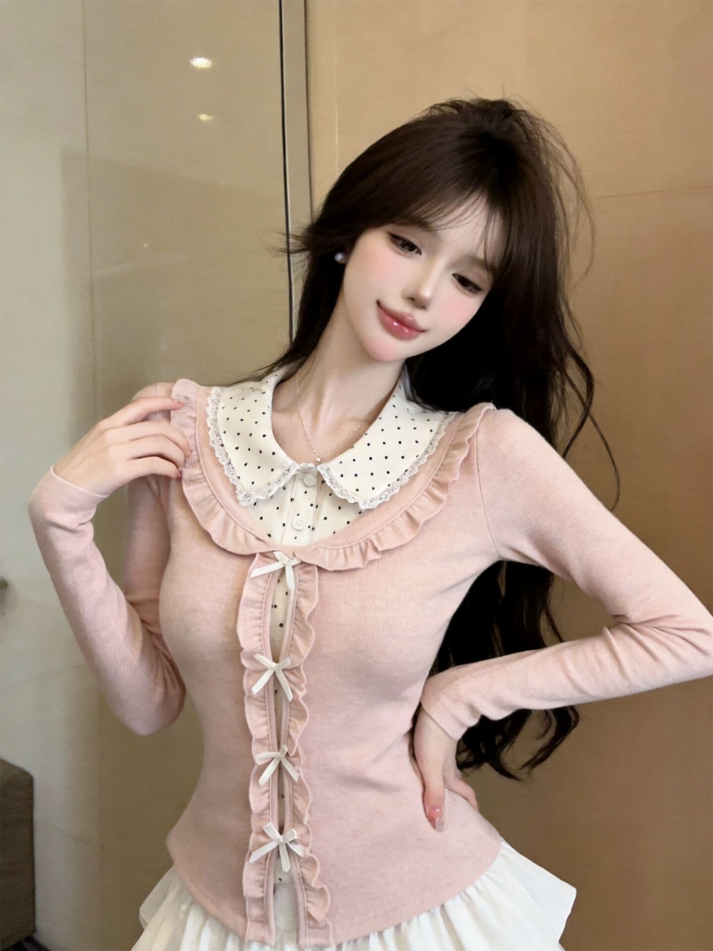 실사 새로운 학원 스타일 디자인 센스 페이크 레이어드 긴팔 티셔츠 여성 몸매 가꾸기 꽃무늬 베이비 칼라 맨위 상세 이미지 4