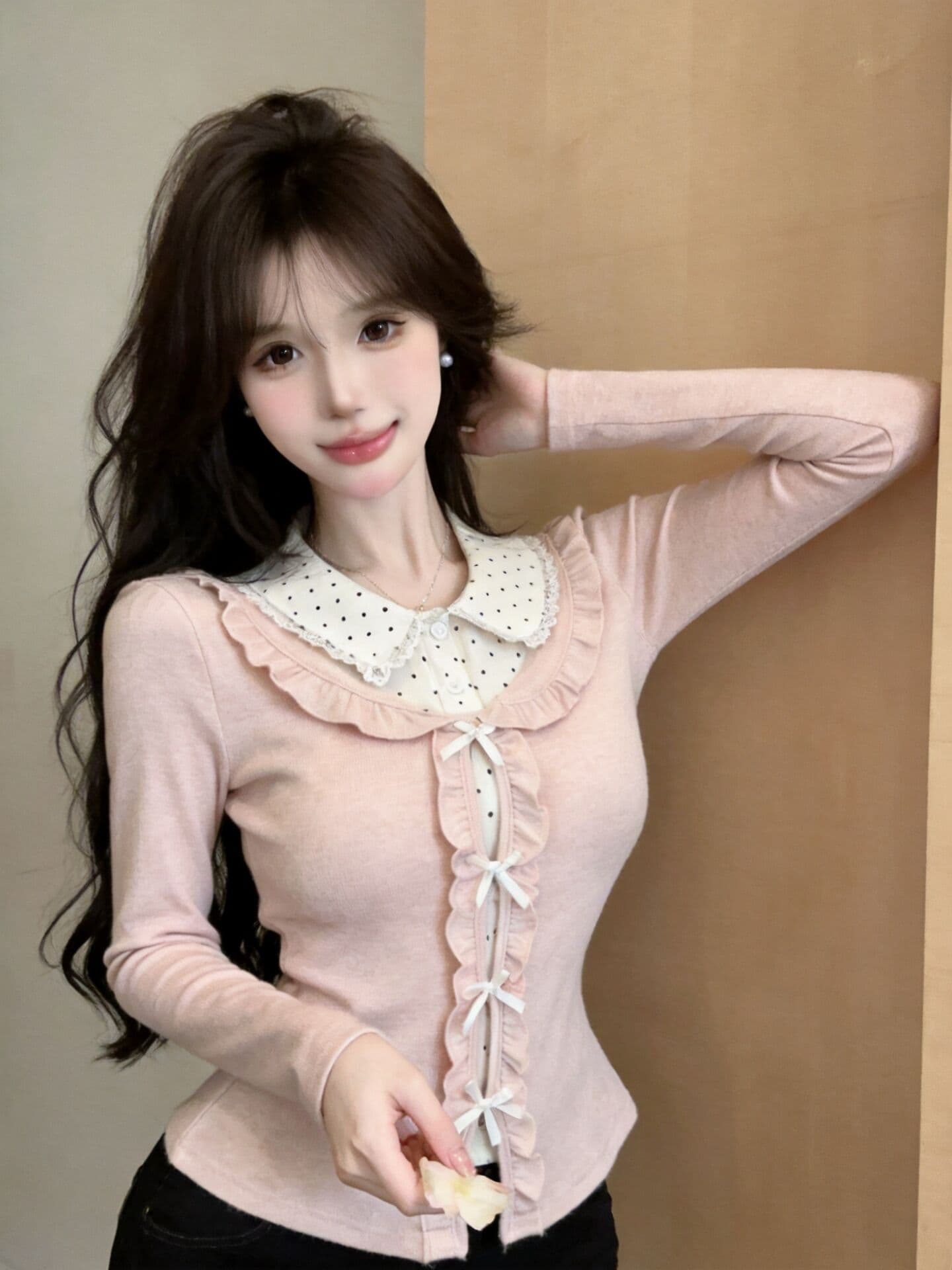 실사 새로운 학원 스타일 디자인 센스 페이크 레이어드 긴팔 티셔츠 여성 몸매 가꾸기 꽃무늬 베이비 칼라 맨위 상세 이미지 5