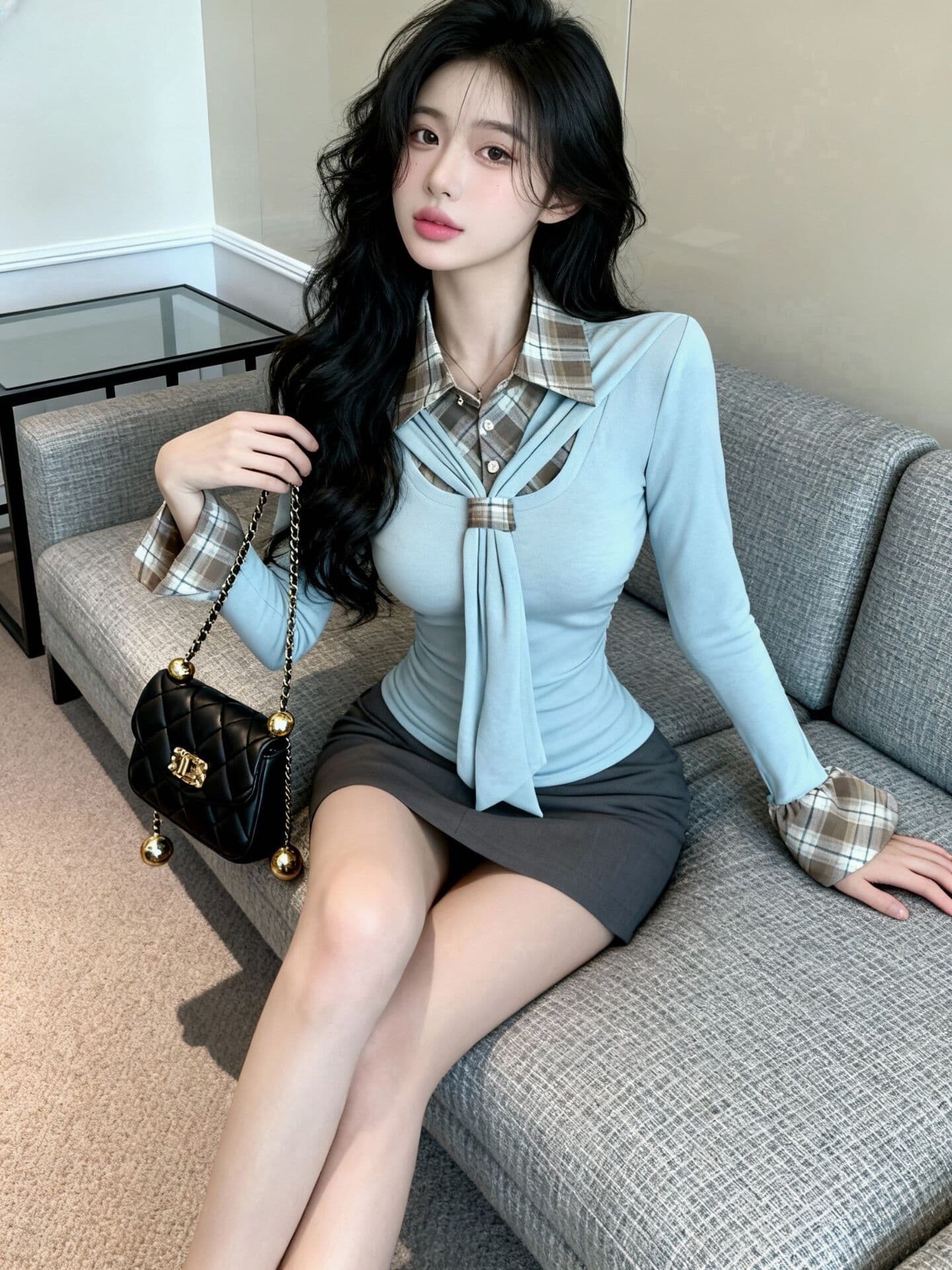실사 새로운 핫걸 POLO 칼라 고유 한 디자인 센스 체크무늬 패치워크 페이크 레이어드 몸매 가꾸기 품격 맨위 여성 상세 이미지 9