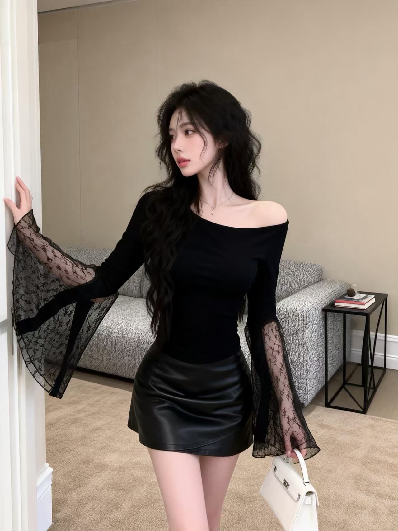 실사 새로운 순수한 욕망 섹시함 핫걸 바람 레이스 부문 나팔 소매 몸매 가꾸기 티셔츠 맨위 여성