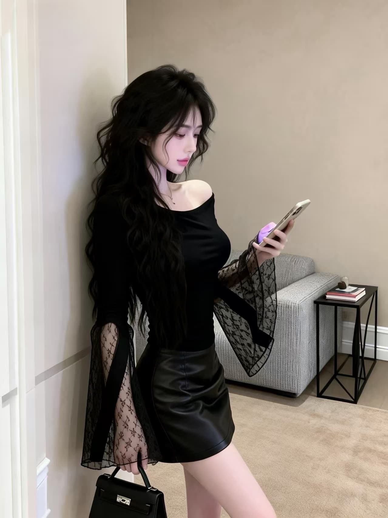 실사 새로운 순수한 욕망 섹시함 핫걸 바람 레이스 부문 나팔 소매 몸매 가꾸기 티셔츠 맨위 여성 상세 이미지 1