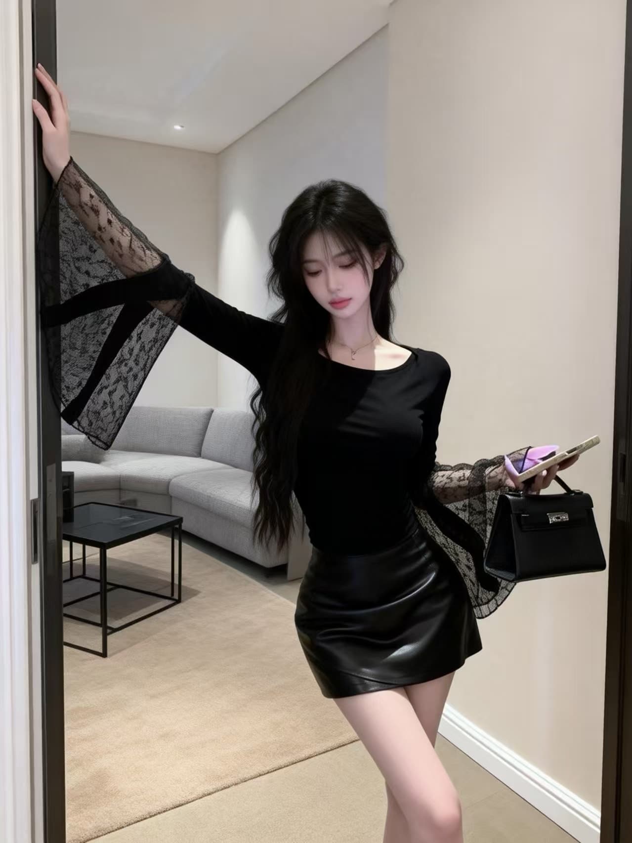 실사 새로운 순수한 욕망 섹시함 핫걸 바람 레이스 부문 나팔 소매 몸매 가꾸기 티셔츠 맨위 여성 상세 이미지 5