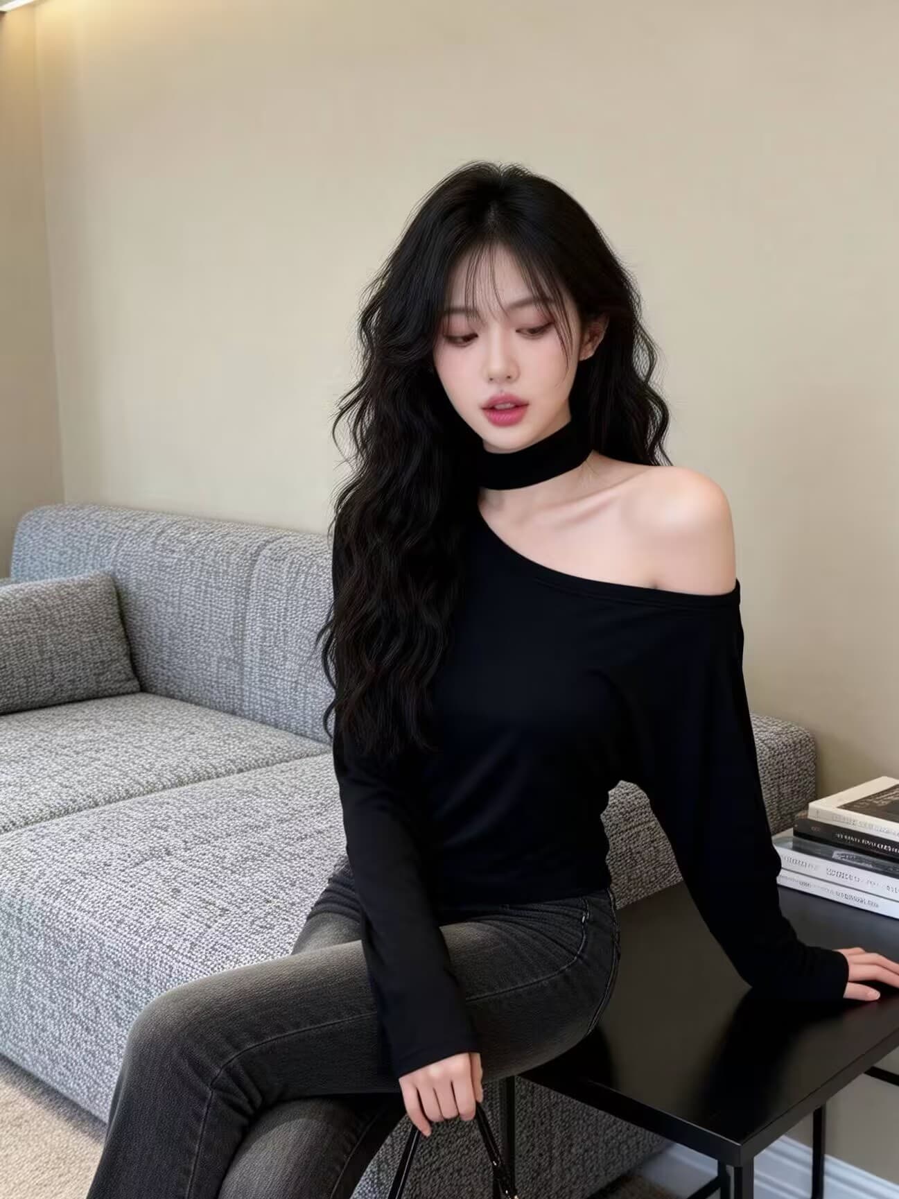 실사 새로운 핫걸 순수한 욕망 디자인 센스 행침 목 홀로우 아웃 비스듬한 어깨 몸매 가꾸기 긴팔 기본 셔츠 맨위 여성 상세 이미지 8