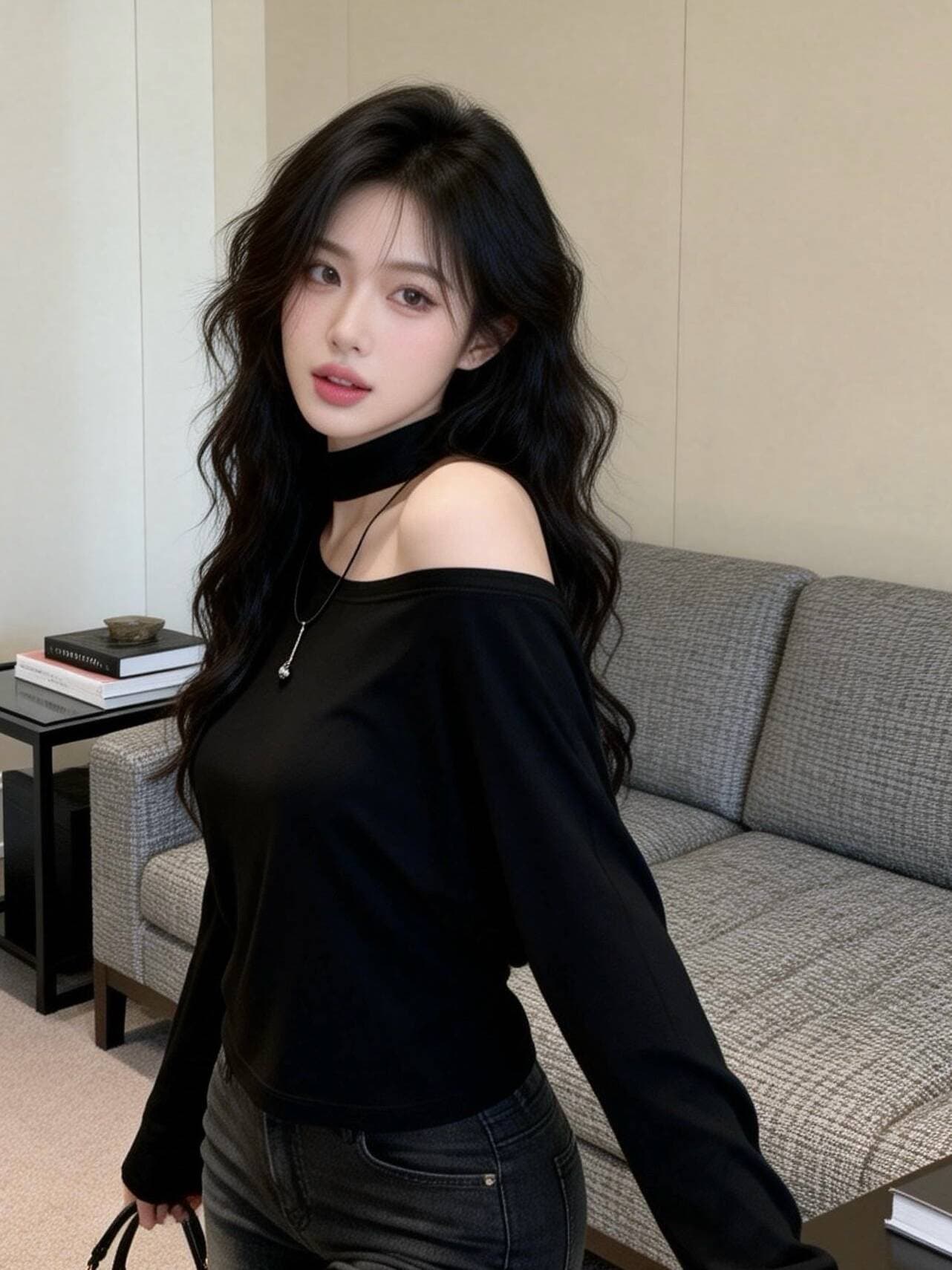 실사 새로운 핫걸 순수한 욕망 디자인 센스 행침 목 홀로우 아웃 비스듬한 어깨 몸매 가꾸기 긴팔 기본 셔츠 맨위 여성 상세 이미지 9