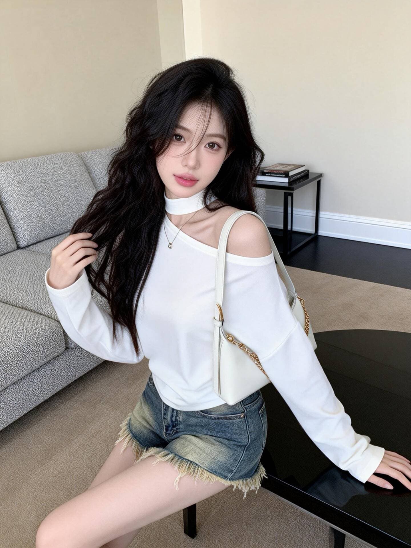 실사 새로운 핫걸 순수한 욕망 디자인 센스 행침 목 홀로우 아웃 비스듬한 어깨 몸매 가꾸기 긴팔 기본 셔츠 맨위 여성 상세 이미지 3