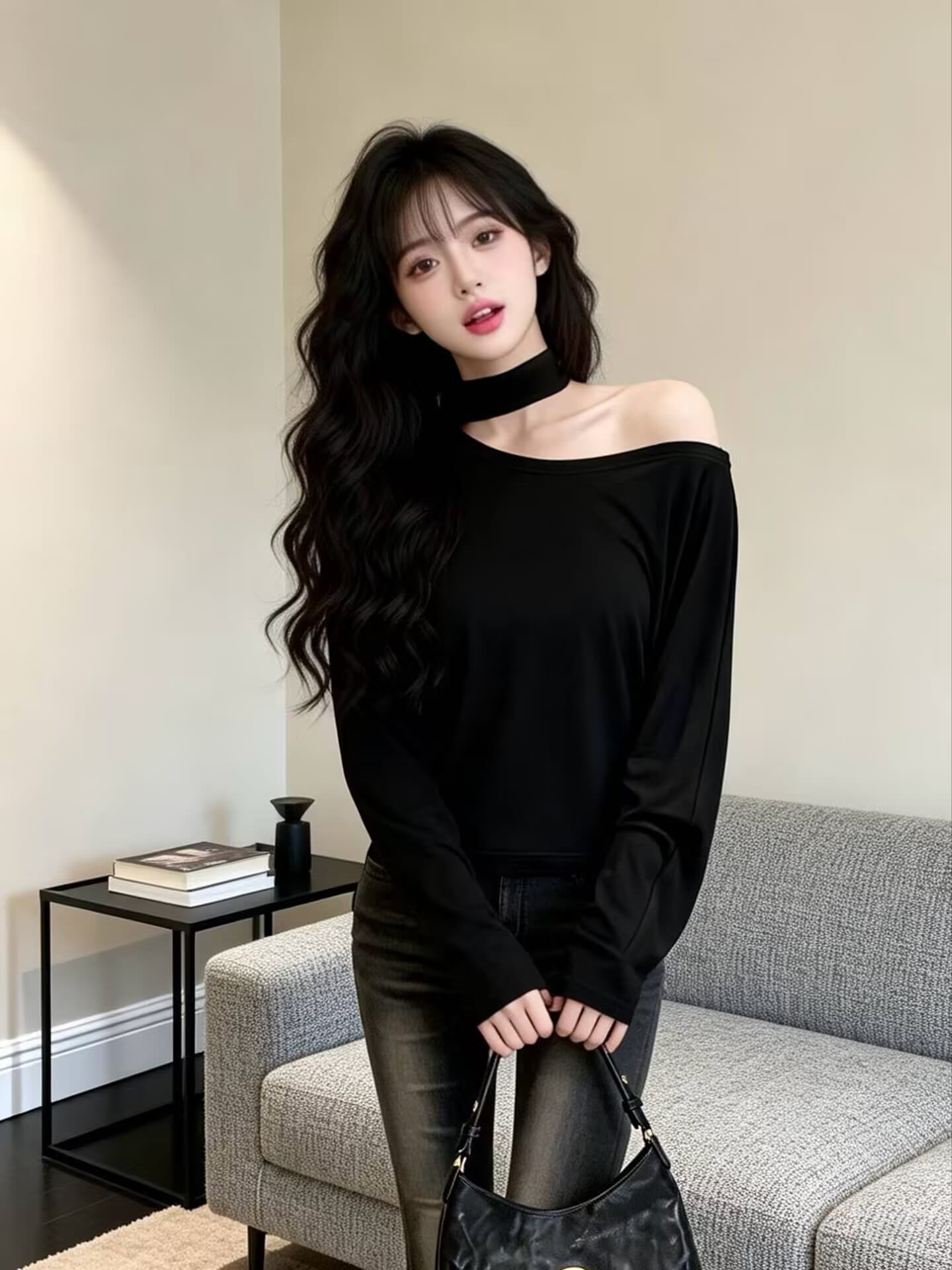 실사 새로운 핫걸 순수한 욕망 디자인 센스 행침 목 홀로우 아웃 비스듬한 어깨 몸매 가꾸기 긴팔 기본 셔츠 맨위 여성 이미지 3