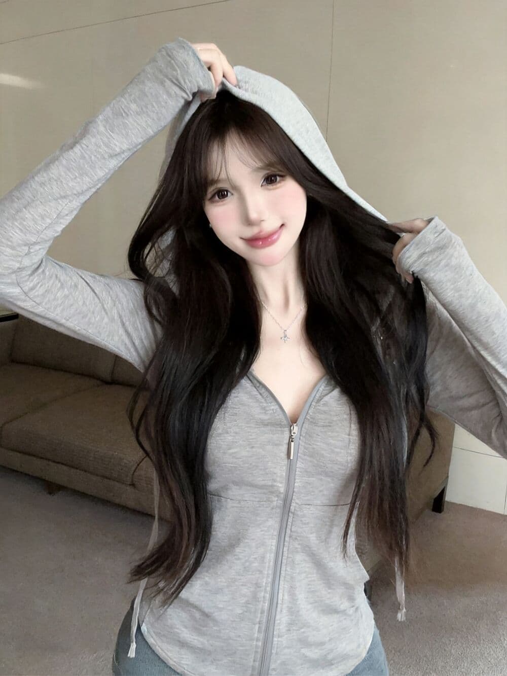 실사 새로운 한국 스타일 ins 바람 miu 순수한 욕망 핫걸 고유 한 디자인 센스 후드 긴팔 맨위 여성 이미지 4