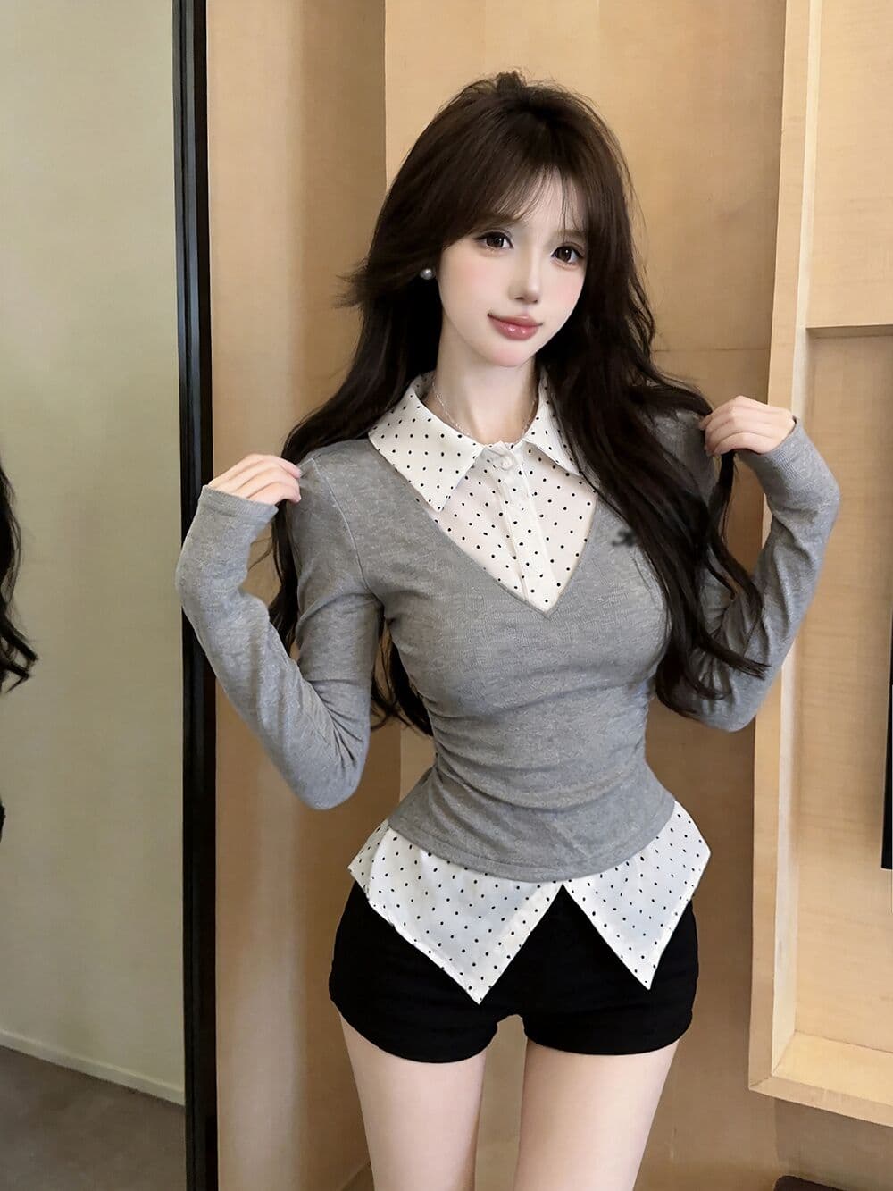 실사 새로운 자이언트 잘 생긴 순수한 욕망 핫걸 고유 한 디자인 센스 POLO 칼라 페이크 레이어드 긴팔 맨위 여성 상세 이미지 18