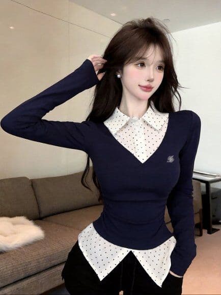 실사 새로운 자이언트 잘 생긴 순수한 욕망 핫걸 고유 한 디자인 센스 POLO 칼라 페이크 레이어드 긴팔 맨위 여성 상세 이미지 7