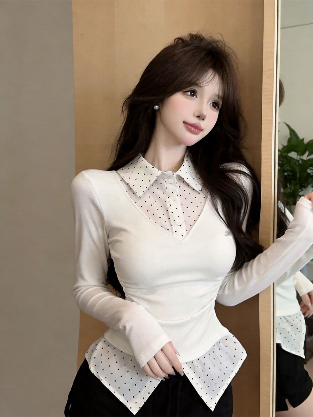 실사 새로운 자이언트 잘 생긴 순수한 욕망 핫걸 고유 한 디자인 센스 POLO 칼라 페이크 레이어드 긴팔 맨위 여성 상세 이미지 6