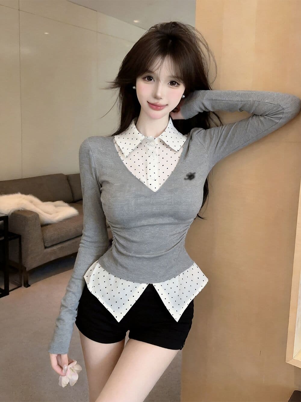 실사 새로운 자이언트 잘 생긴 순수한 욕망 핫걸 고유 한 디자인 센스 POLO 칼라 페이크 레이어드 긴팔 맨위 여성