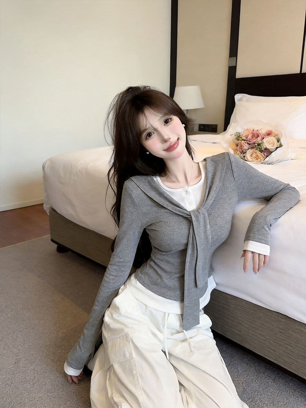 실사 새로운 순수한 욕망 핫걸 고유 한 숄 패치워크 페이크 레이어드 긴팔 티셔츠 맨위 여성 상세 이미지 23