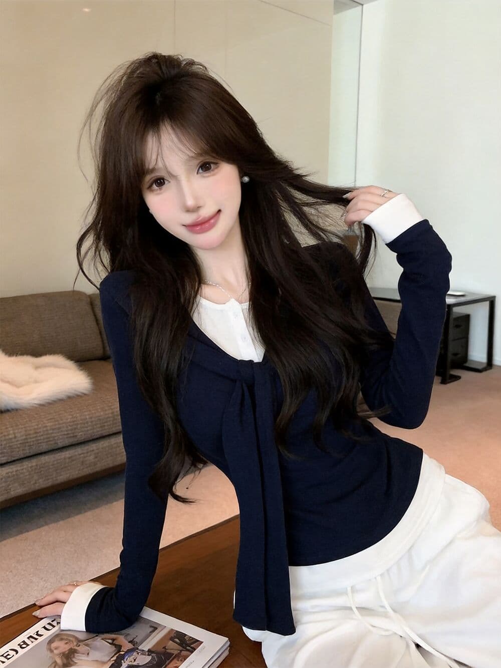 실사 새로운 순수한 욕망 핫걸 고유 한 숄 패치워크 페이크 레이어드 긴팔 티셔츠 맨위 여성 상세 이미지 9