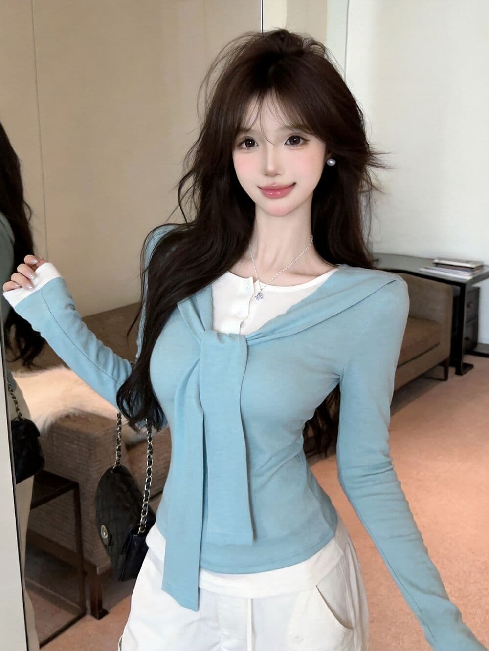 실사 새로운 순수한 욕망 핫걸 고유 한 숄 패치워크 페이크 레이어드 긴팔 티셔츠 맨위 여성 상세 이미지 5