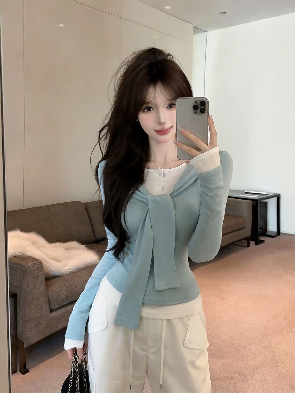 실사 새로운 순수한 욕망 핫걸 고유 한 숄 패치워크 페이크 레이어드 긴팔 티셔츠 맨위 여성 상세 이미지 7