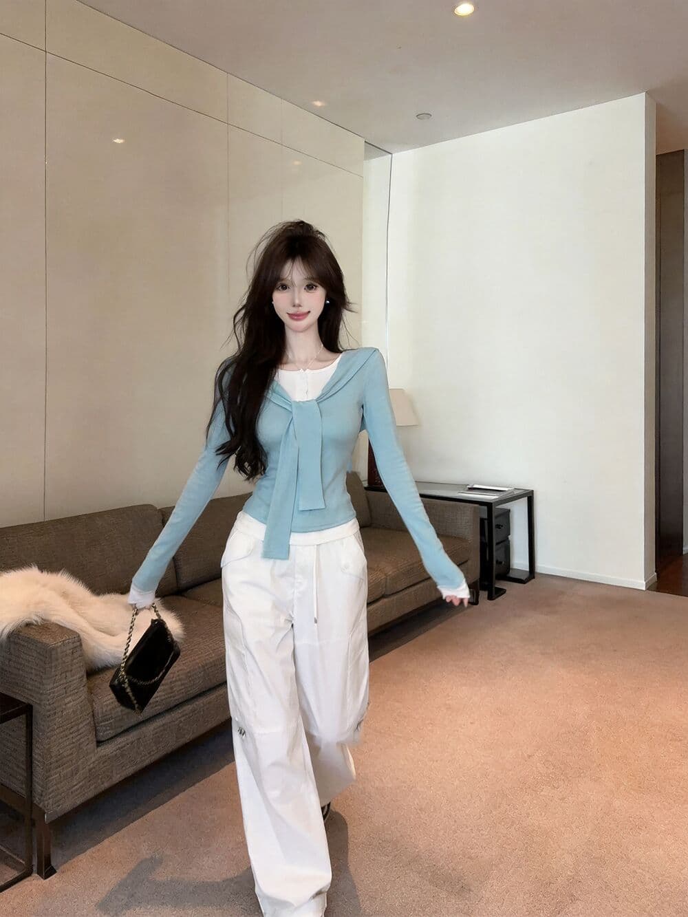 실사 새로운 순수한 욕망 핫걸 고유 한 숄 패치워크 페이크 레이어드 긴팔 티셔츠 맨위 여성 상세 이미지 8