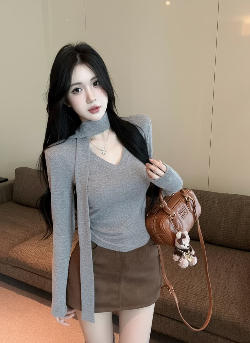 실사 새로운 핫걸 순수한 욕망 V 칼라 긴팔 몸매 가꾸기 디자인 허리 수축 품격 긍정적 인 어깨 의류 리본 여성 상세 이미지 13
