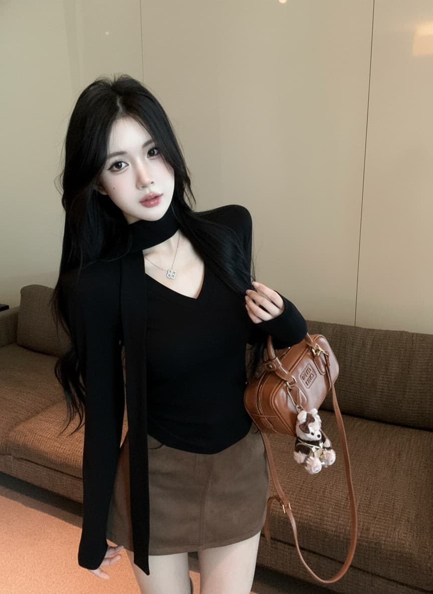 실사 새로운 핫걸 순수한 욕망 V 칼라 긴팔 몸매 가꾸기 디자인 허리 수축 품격 긍정적 인 어깨 의류 리본 여성 상세 이미지 9