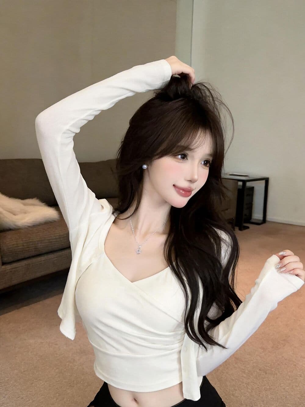 실사 새로운 한국 스타일 ins 바람 miu 부서 센스 벨트 가슴 패드 십자가 슬립 오픈 가디건 두 조각 여성 세트 상세 이미지 6