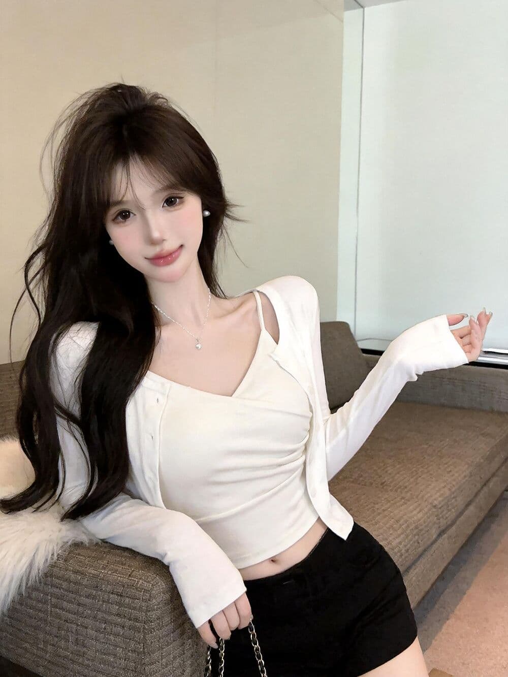 실사 새로운 한국 스타일 ins 바람 miu 부서 센스 벨트 가슴 패드 십자가 슬립 오픈 가디건 두 조각 여성 세트 이미지 3
