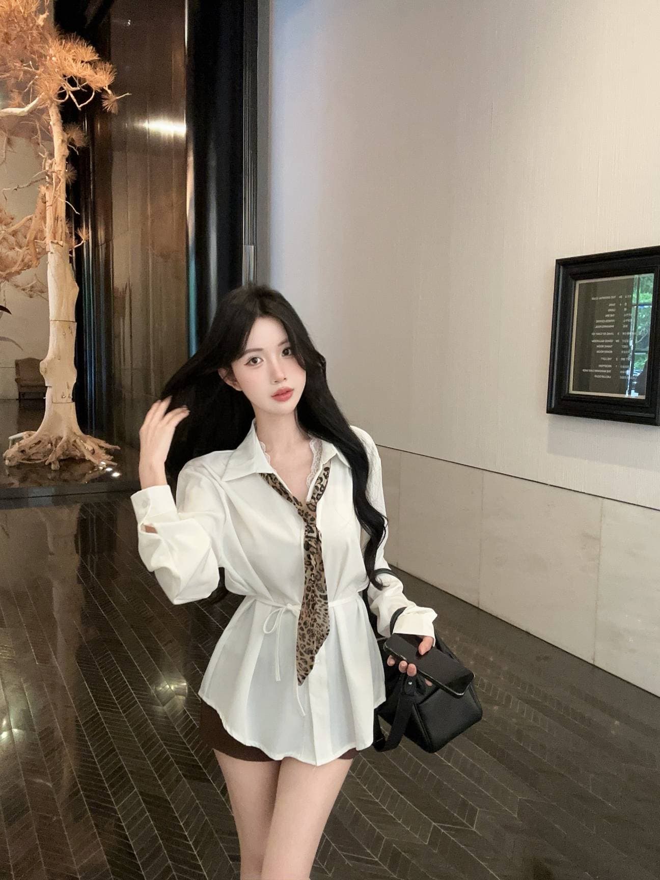 실사 새로운 디자인 센스 페이크 레이어드 레이스 레이스 조각 루즈핏 슬림해 보이는 외국 가스 셔츠 레오파드 무늬 리본 상세 이미지 6