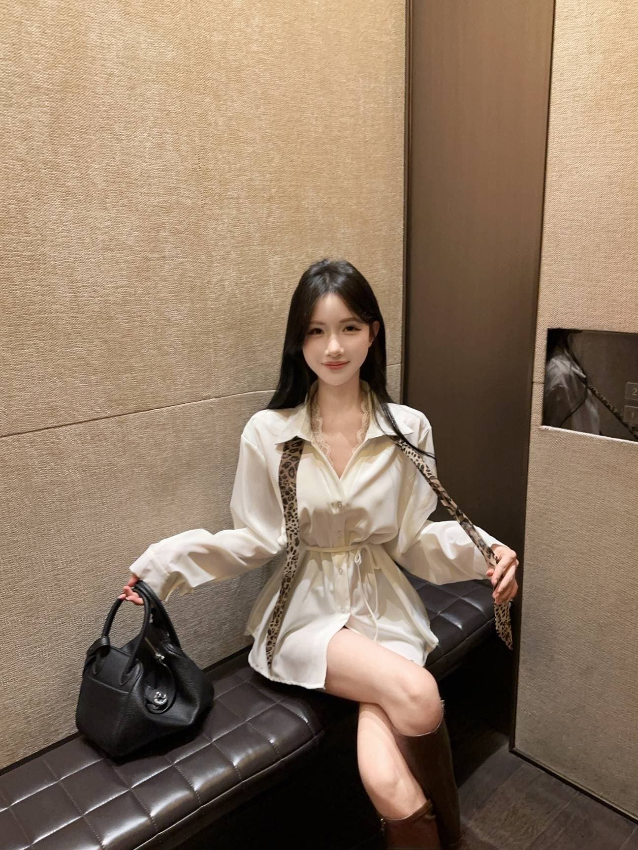 실사 새로운 디자인 센스 페이크 레이어드 레이스 레이스 조각 루즈핏 슬림해 보이는 외국 가스 셔츠 레오파드 무늬 리본 상세 이미지 7