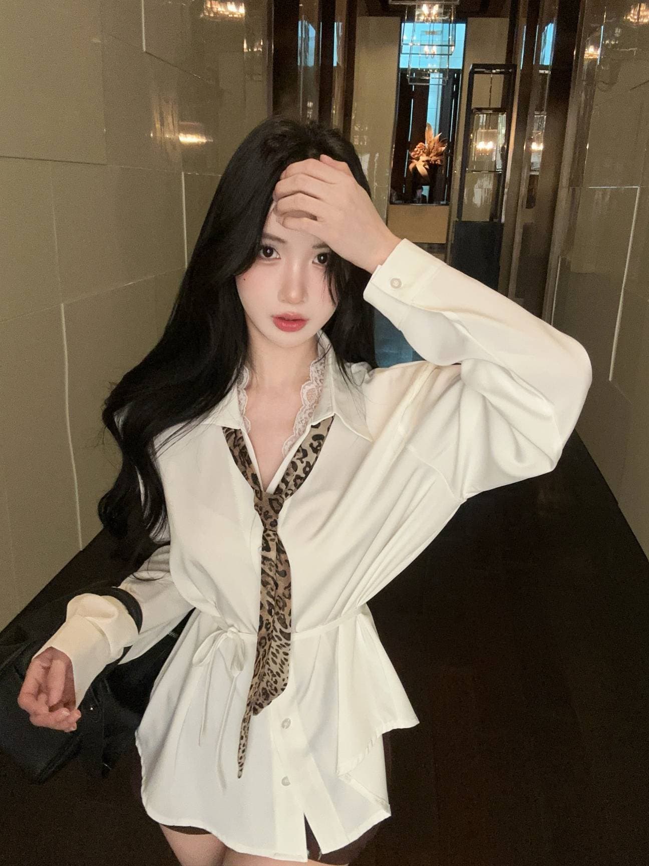 실사 새로운 디자인 센스 페이크 레이어드 레이스 레이스 조각 루즈핏 슬림해 보이는 외국 가스 셔츠 레오파드 무늬 리본 상세 이미지 14
