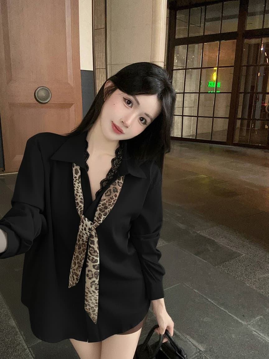 실사 새로운 디자인 센스 페이크 레이어드 레이스 레이스 조각 루즈핏 슬림해 보이는 외국 가스 셔츠 레오파드 무늬 리본 이미지 3