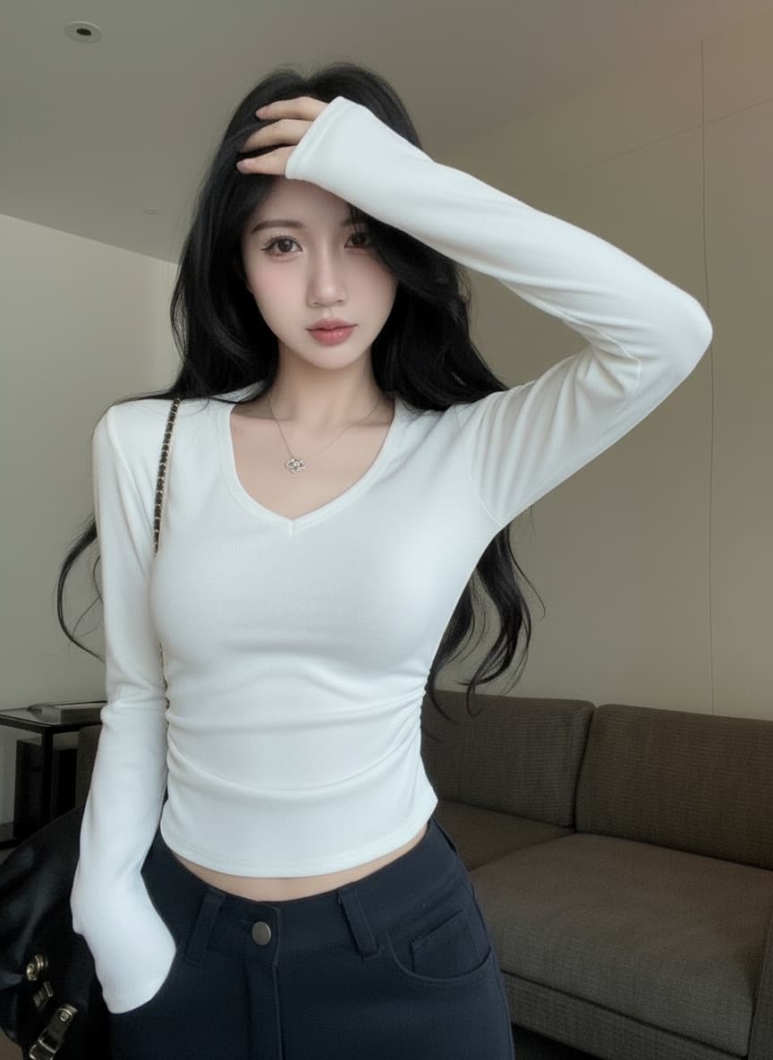 실사 새로운 다용도 기초 V 칼라 몸매 가꾸기 디자인 허리 수축 품격 긍정적 인 어깨 단색 맨위 기본 셔츠 여성 상세 이미지 9