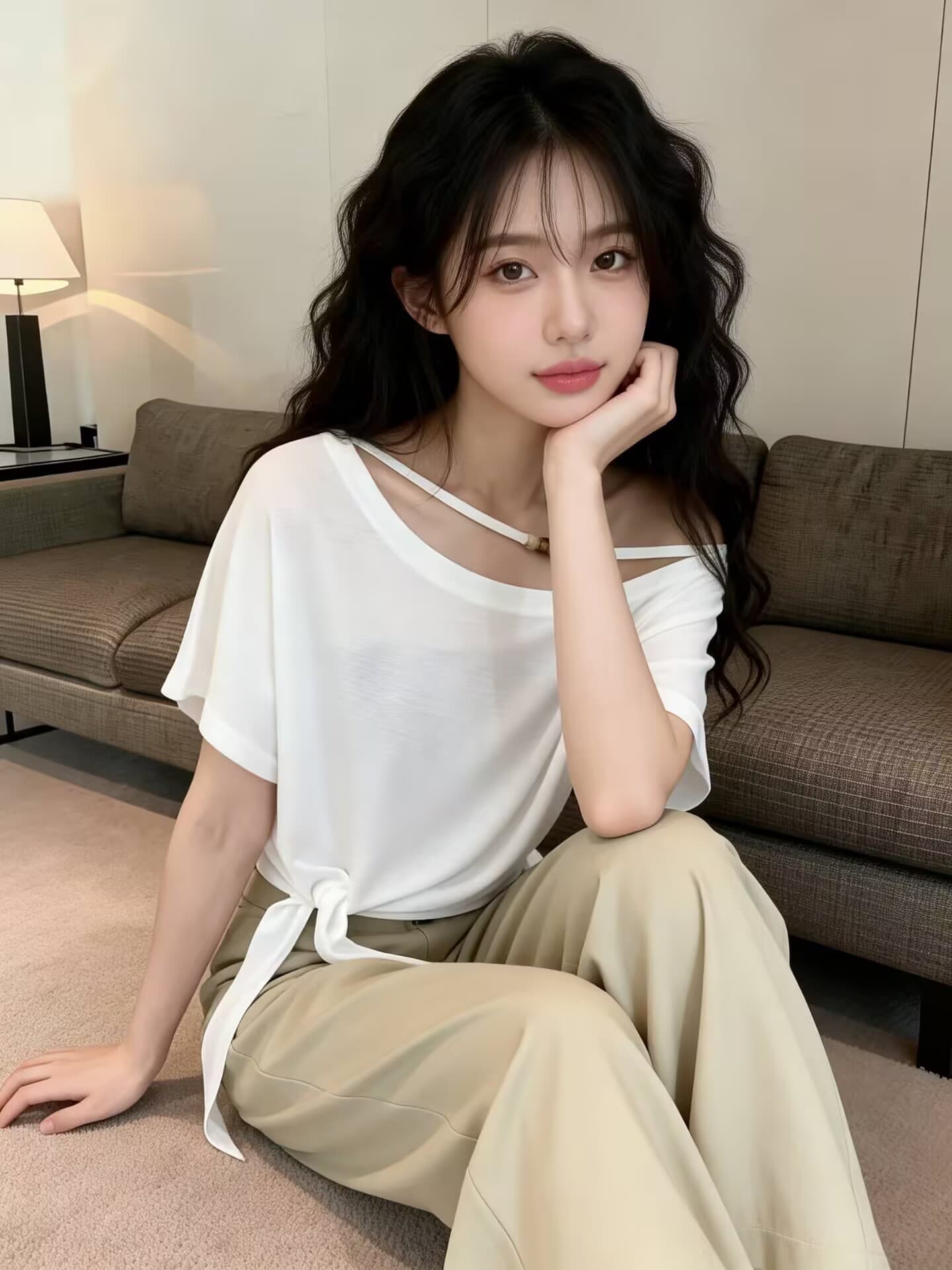 실사 새로운 고유 한 슈퍼 잘 생긴 불규칙 밑단 스트랩 한 단어 비스듬한 어깨 반팔 티셔츠 맨위 여성 이미지 2