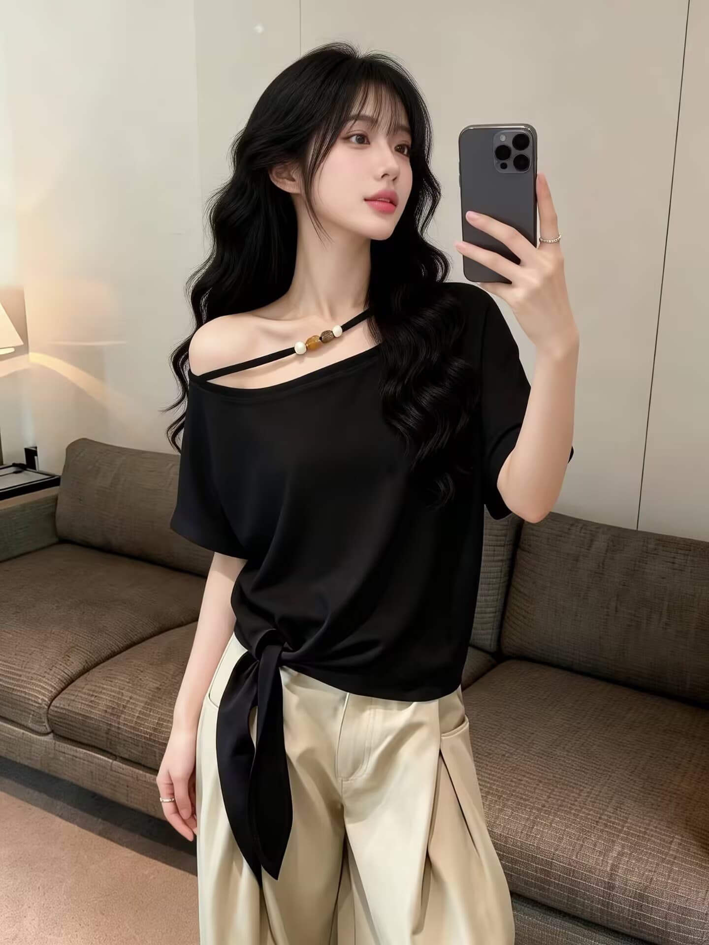 실사 새로운 고유 한 슈퍼 잘 생긴 불규칙 밑단 스트랩 한 단어 비스듬한 어깨 반팔 티셔츠 맨위 여성 이미지 3