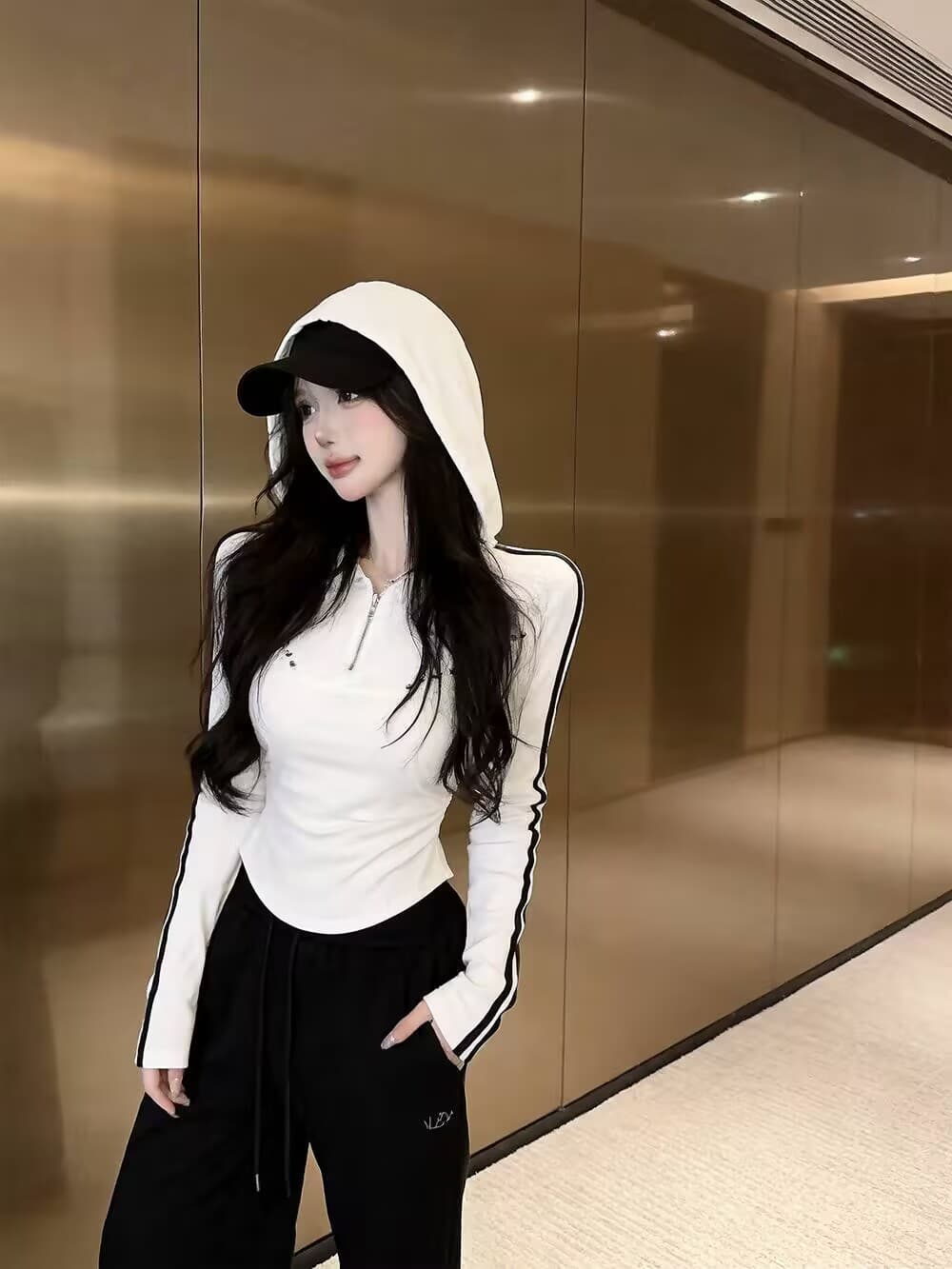 실사 새로운 한국 스타일 ins 바람 miu 징 버클 고유 한 디자인 센스 후드 하프 지퍼 긴팔 맨위 여성 상세 이미지 13