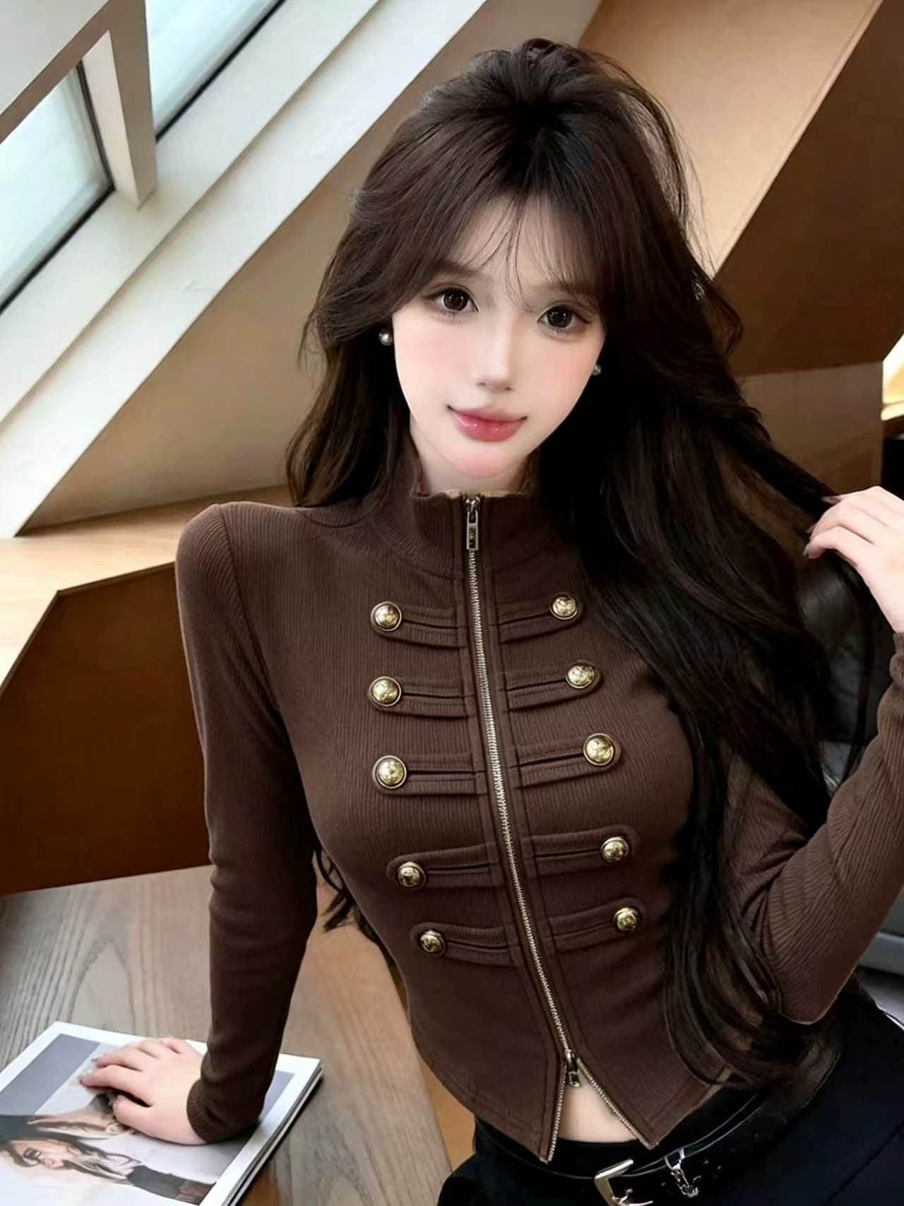 실사 새로운 자이언트 잘 생긴 순수한 욕망 핫걸 고유 한 디자인 센스 단추 구멍 긴팔 맨위 여성 이미지 4