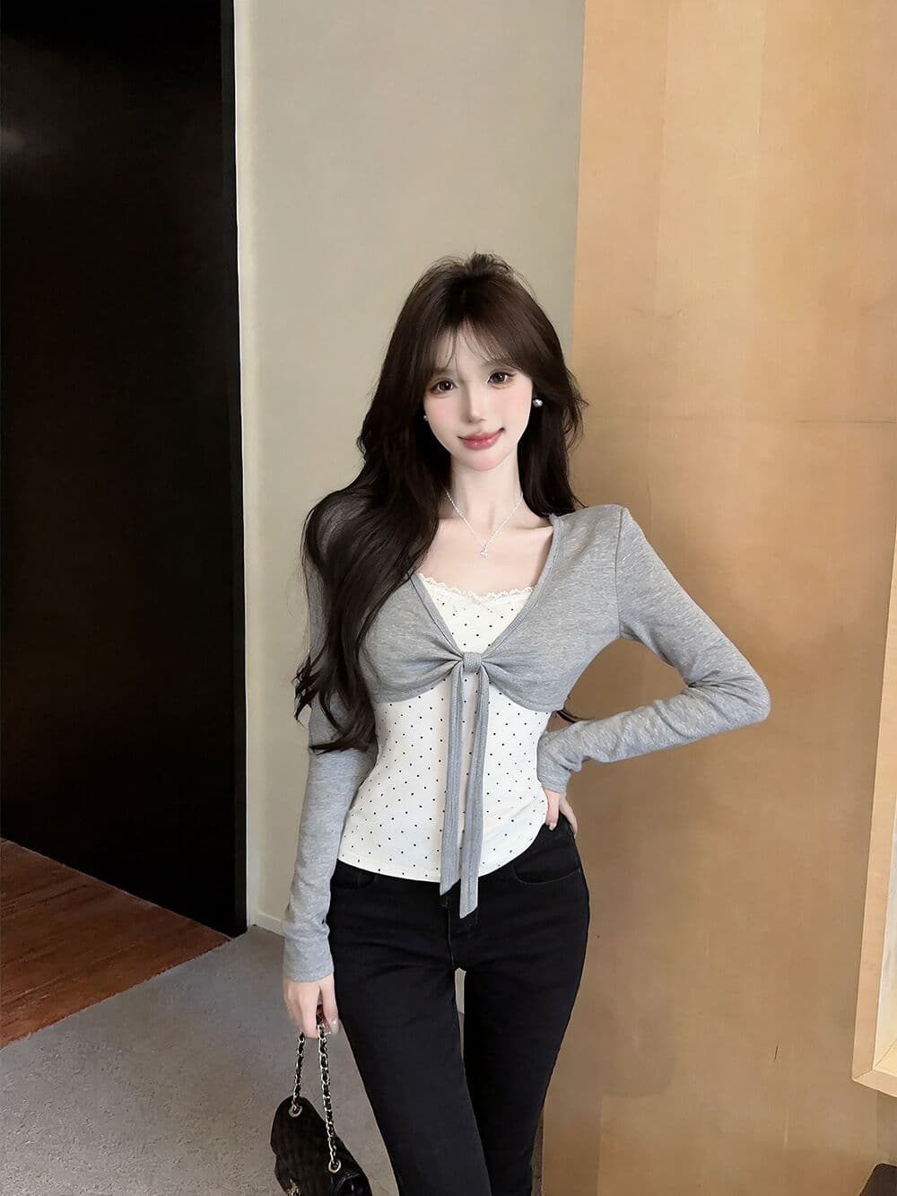 실사 새로운 순수한 욕망 핫걸 고유 한 주름 패치워크 페이크 레이어드 긴팔 티셔츠 맨위 여성 상세 이미지 20