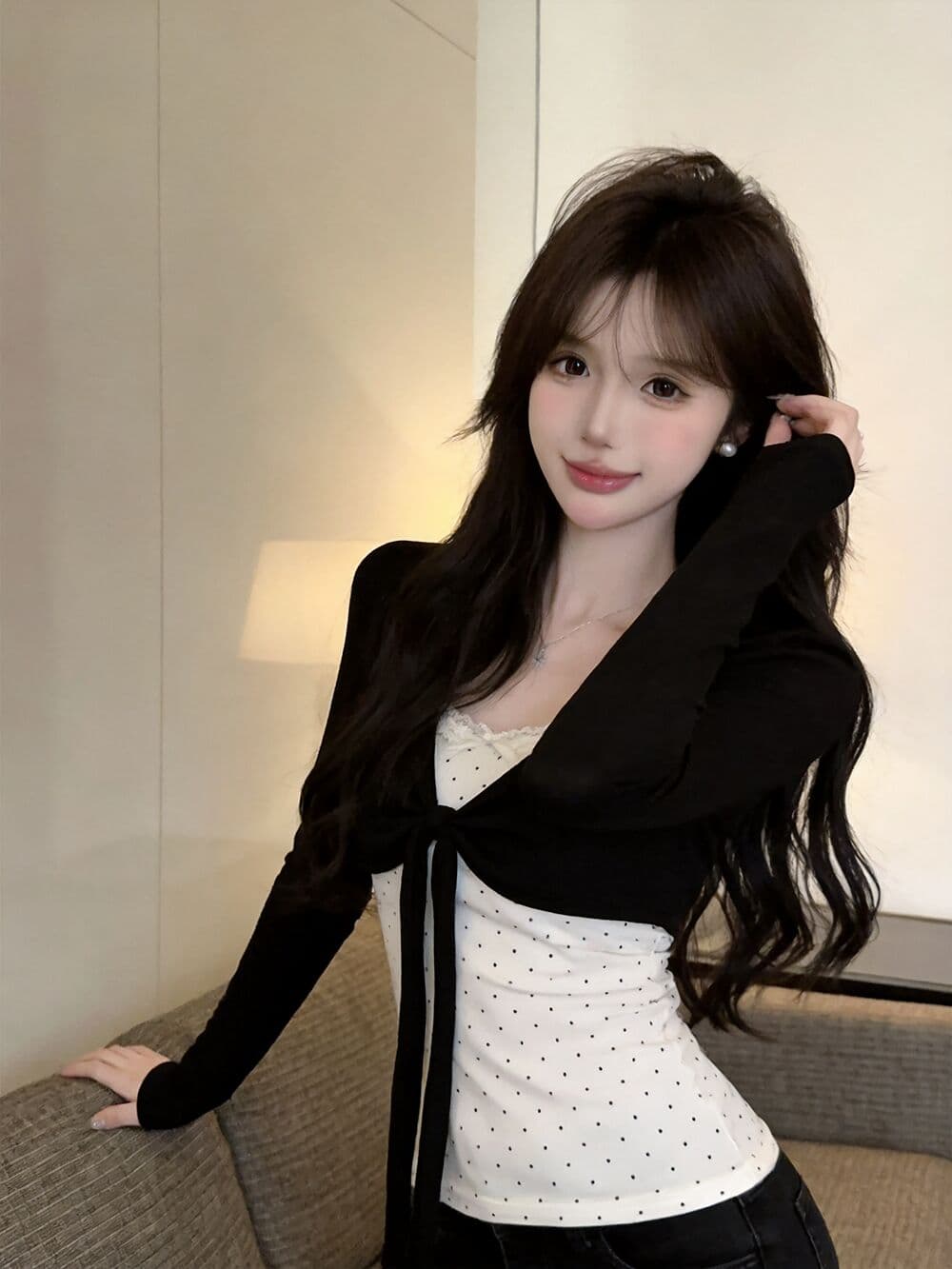 실사 새로운 순수한 욕망 핫걸 고유 한 주름 패치워크 페이크 레이어드 긴팔 티셔츠 맨위 여성 상세 이미지 8