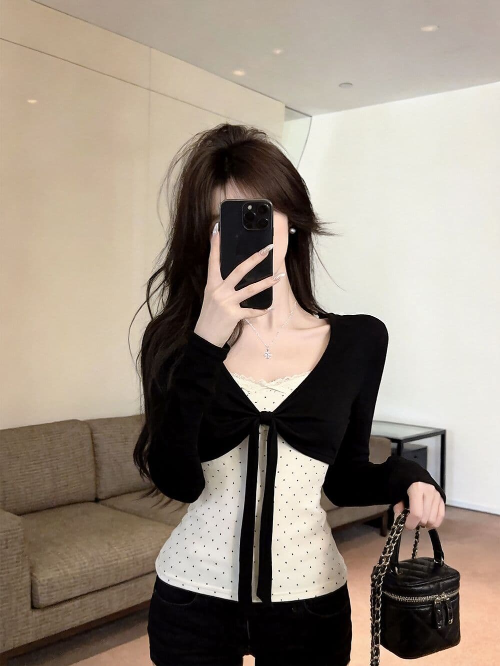 실사 새로운 순수한 욕망 핫걸 고유 한 주름 패치워크 페이크 레이어드 긴팔 티셔츠 맨위 여성 상세 이미지 11