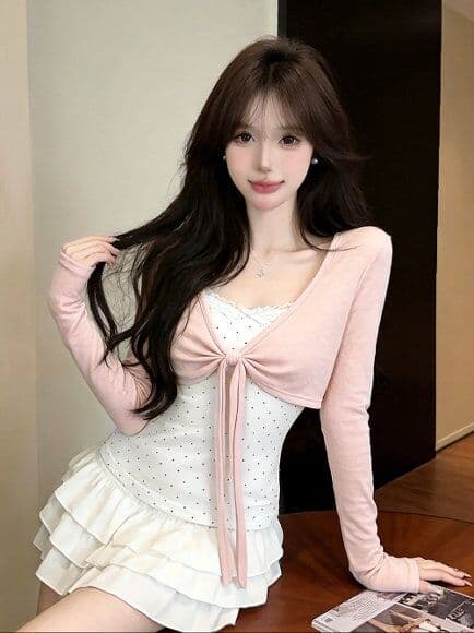 실사 새로운 순수한 욕망 핫걸 고유 한 주름 패치워크 페이크 레이어드 긴팔 티셔츠 맨위 여성 상세 이미지 2