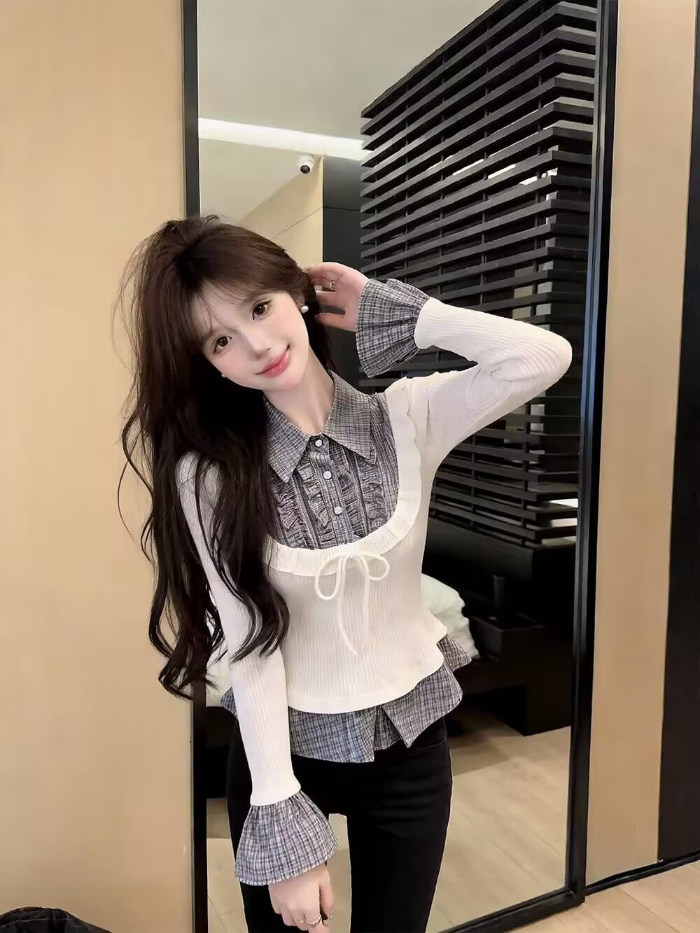 실사 새로운 핫걸 POLO 칼라 고유 한 디자인 센스 체크무늬 패치워크 페이크 레이어드 몸매 가꾸기 품격 맨위 여성 상세 이미지 14