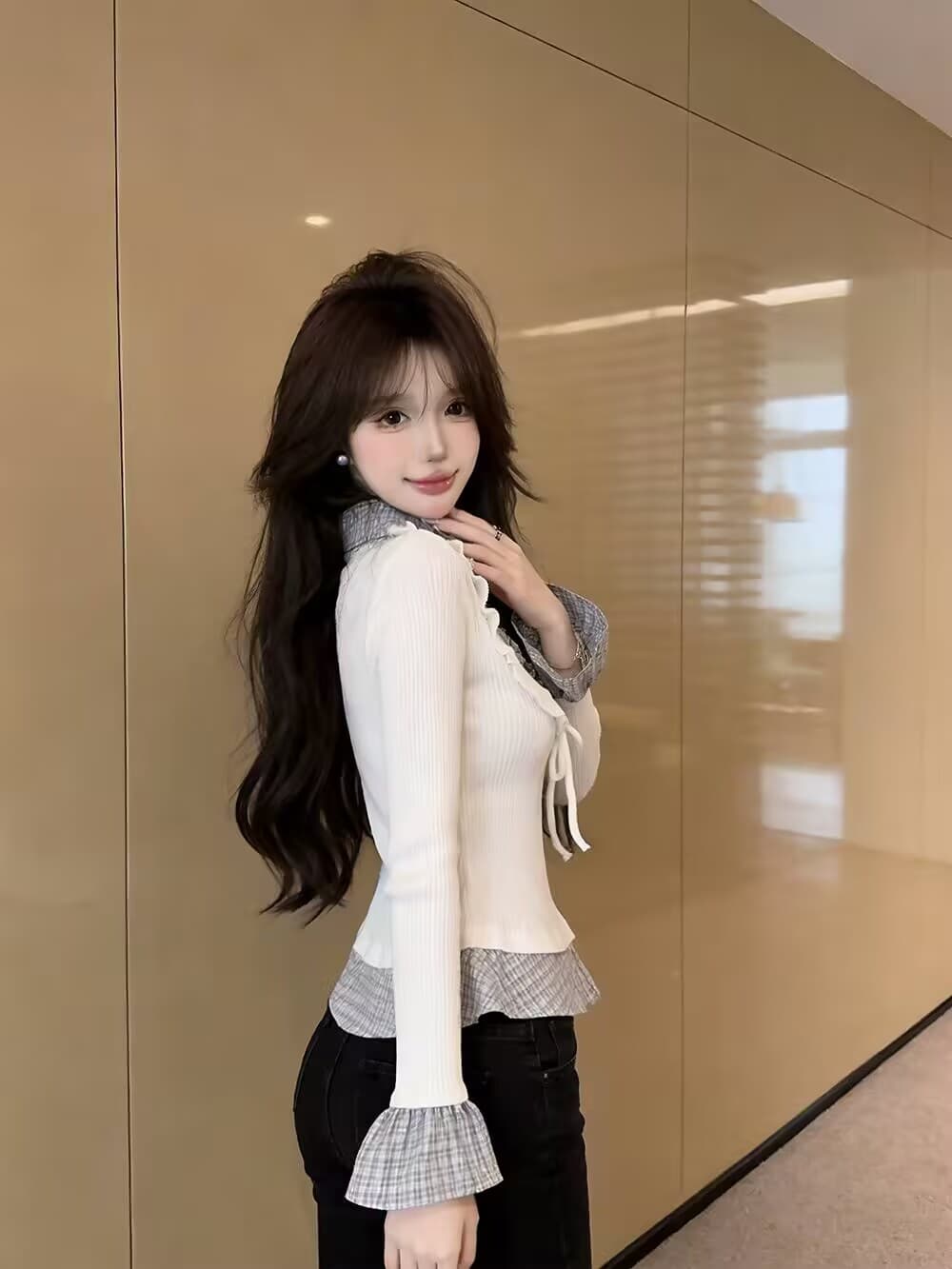 실사 새로운 핫걸 POLO 칼라 고유 한 디자인 센스 체크무늬 패치워크 페이크 레이어드 몸매 가꾸기 품격 맨위 여성 상세 이미지 15