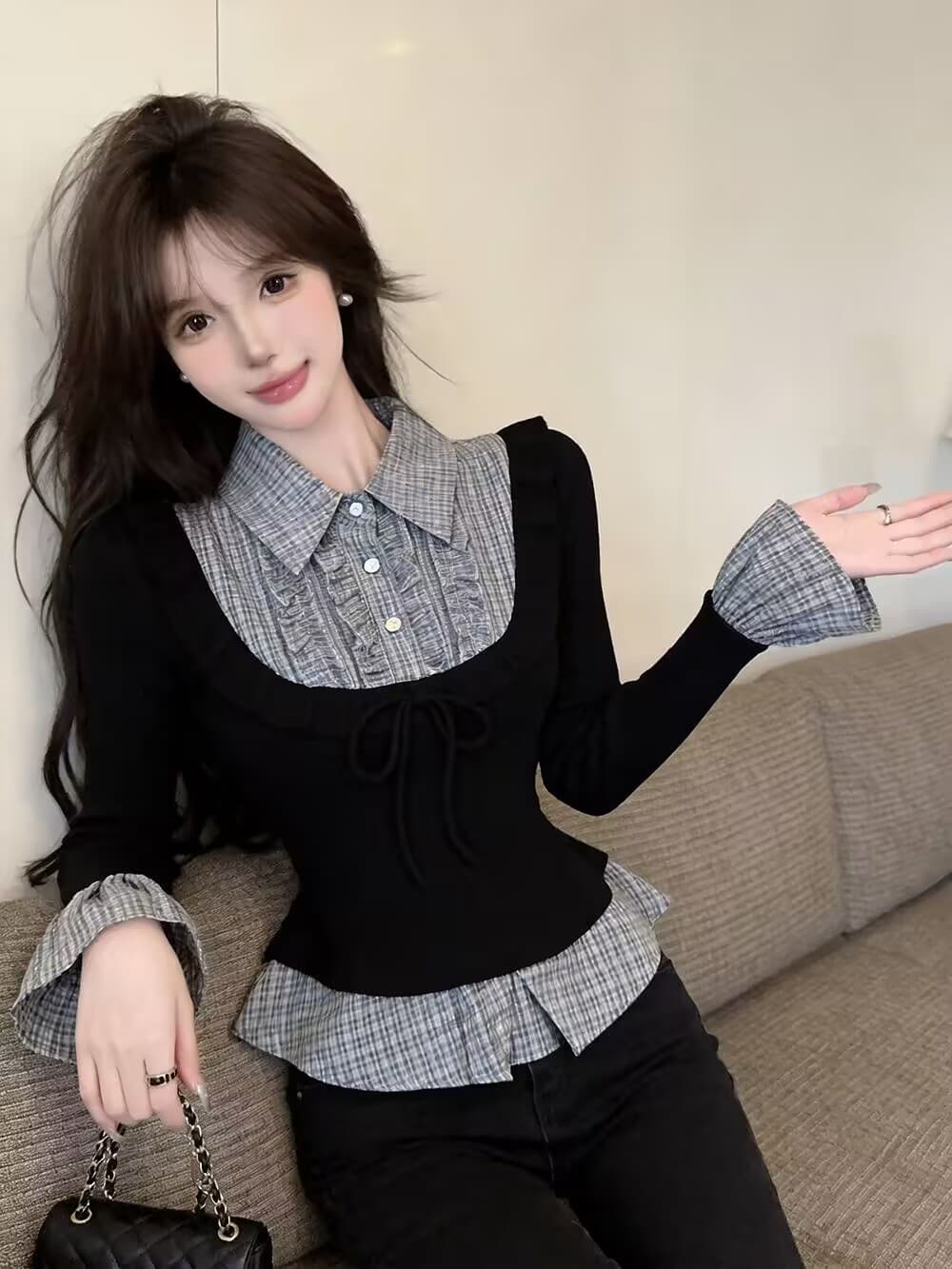 실사 새로운 핫걸 POLO 칼라 고유 한 디자인 센스 체크무늬 패치워크 페이크 레이어드 몸매 가꾸기 품격 맨위 여성 상세 이미지 7