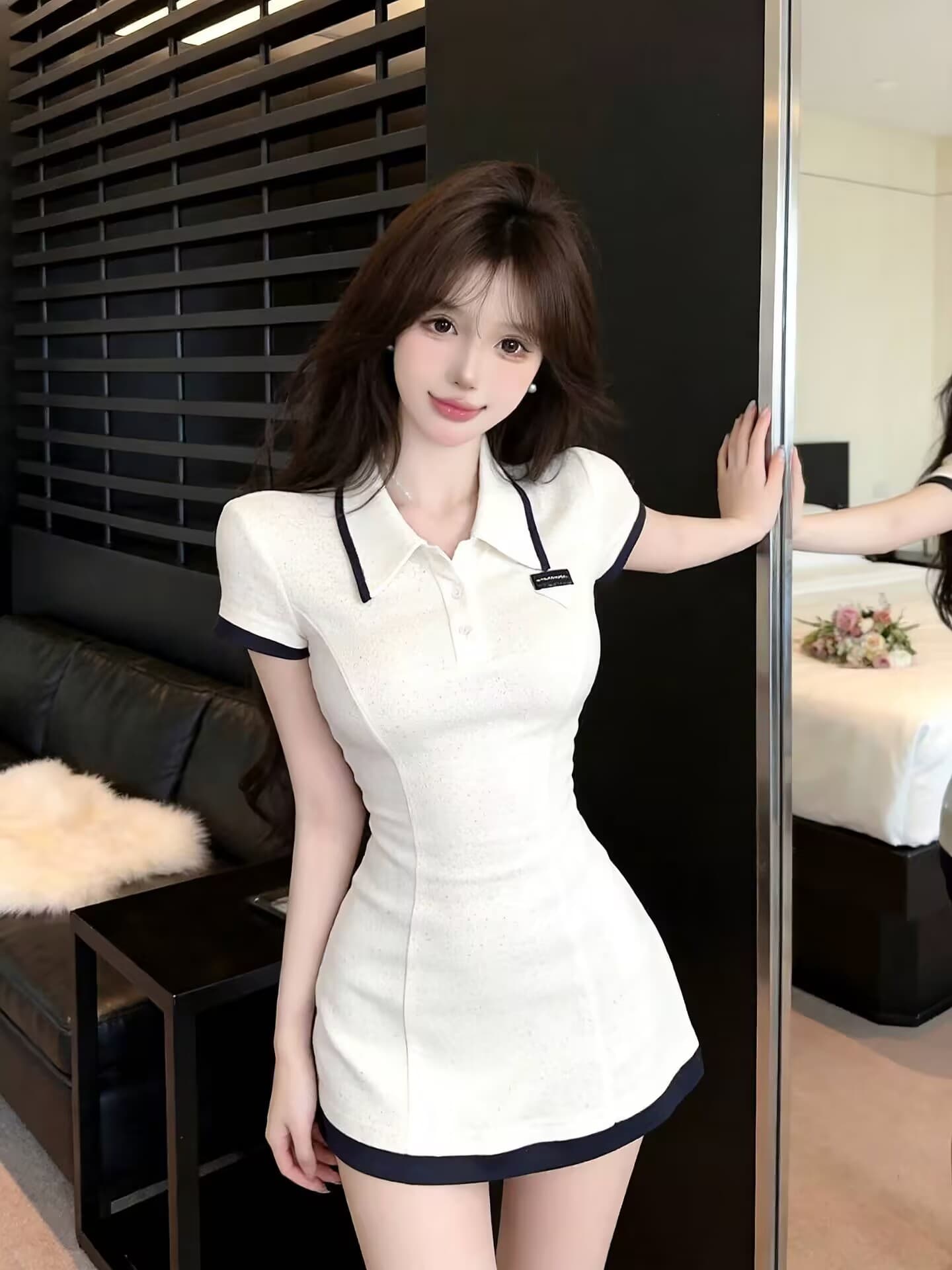 실사 새로운 한국 스타일 ins 바람 miu 부서 센스 POLO 칼라 반팔 타이트 스커트 허리 수축 여성 드레스