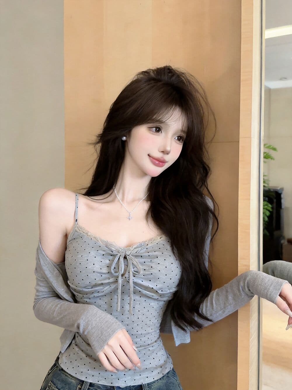 실사 새로운 한국 스타일 ins 바람 miu 부서 센스 벨트 가슴 패드 슬립 오픈 가디건 두 조각 여성 세트 상세 이미지 1