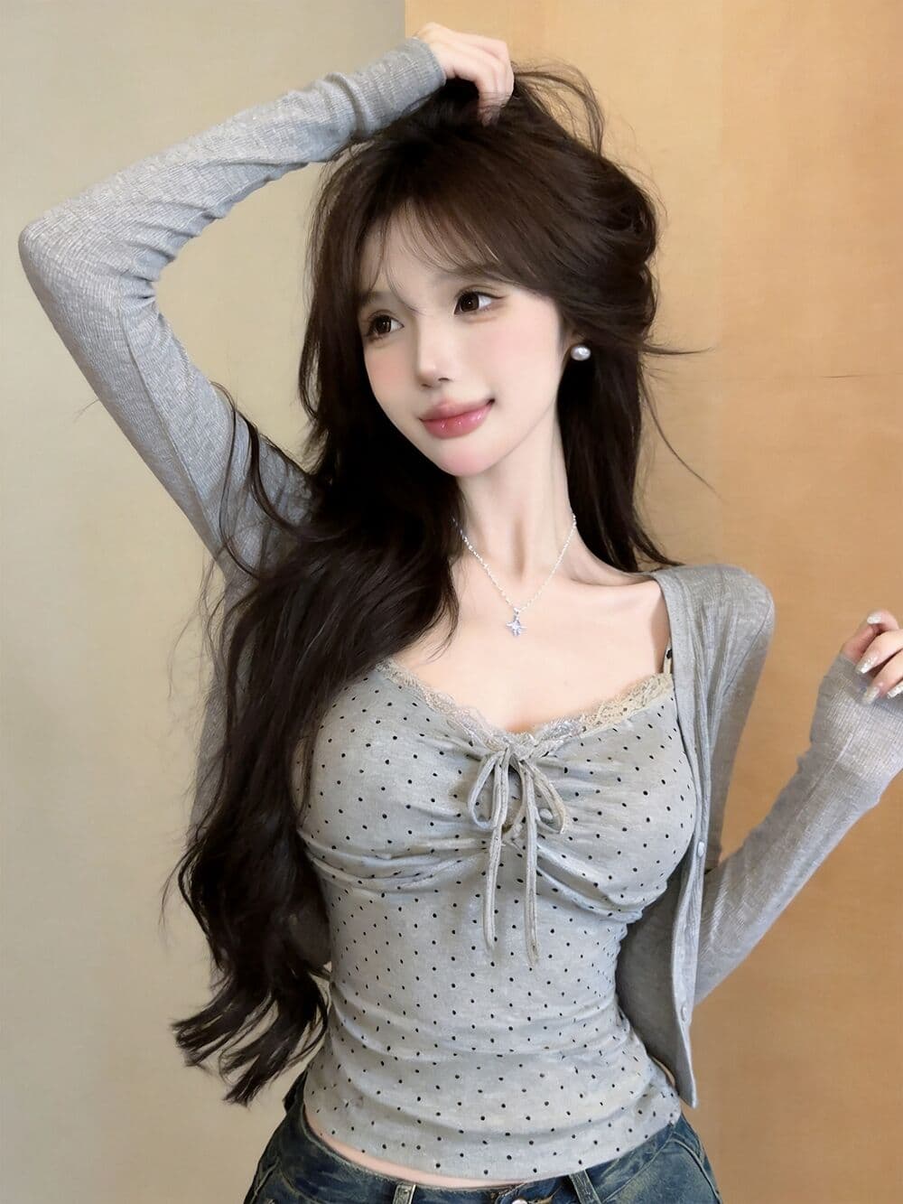 실사 새로운 한국 스타일 ins 바람 miu 부서 센스 벨트 가슴 패드 슬립 오픈 가디건 두 조각 여성 세트 상세 이미지 4