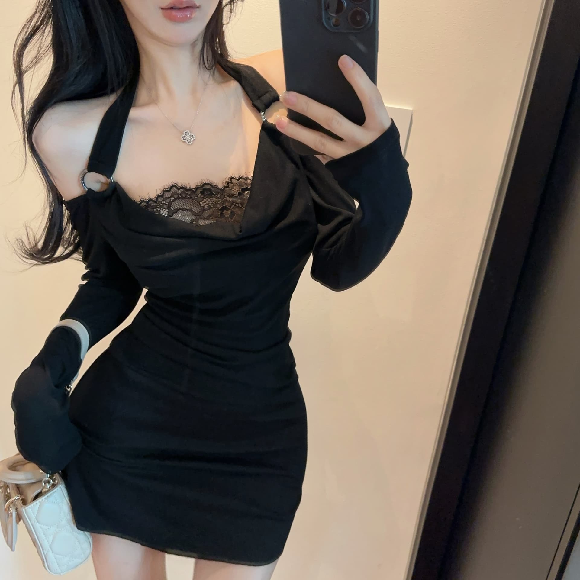 실사 새로운 핫걸 행침 목 레이스 디자인 섹시함 허리 수축 슬림해 보이는 아름다운 여성 드레스 상세 이미지 4