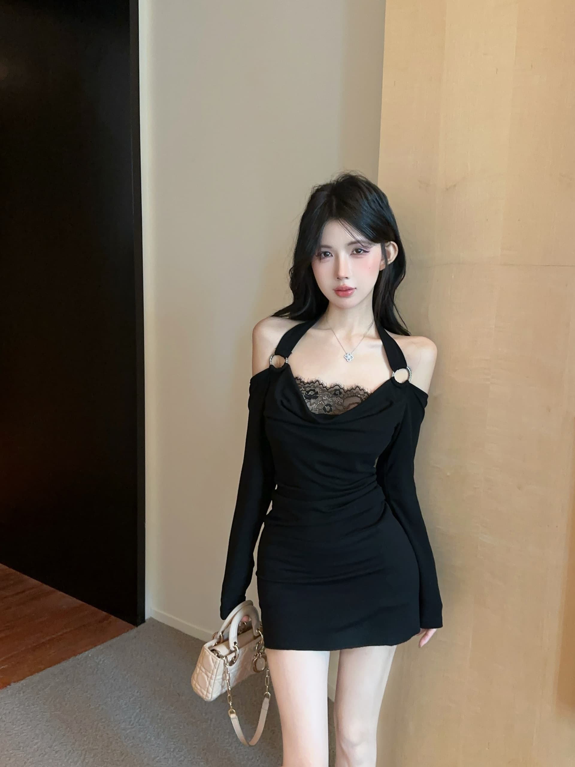 실사 새로운 핫걸 행침 목 레이스 디자인 섹시함 허리 수축 슬림해 보이는 아름다운 여성 드레스 상세 이미지 7