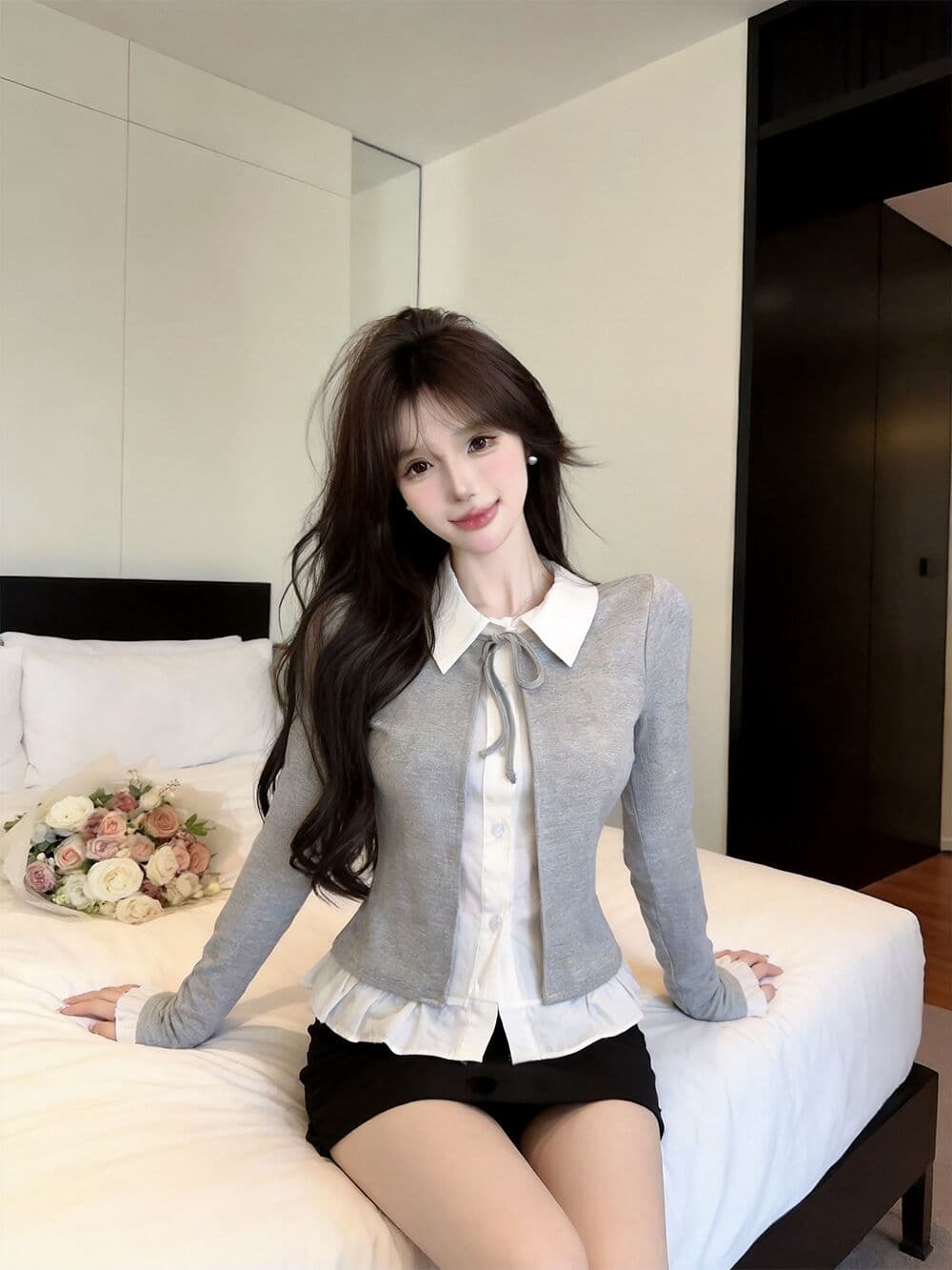 실사 새로운 자이언트 잘 생긴 순수한 욕망 핫걸 고유 한 디자인 센스 패치워크 페이크 레이어드 나팔 소매 맨위 여성 상세 이미지 10
