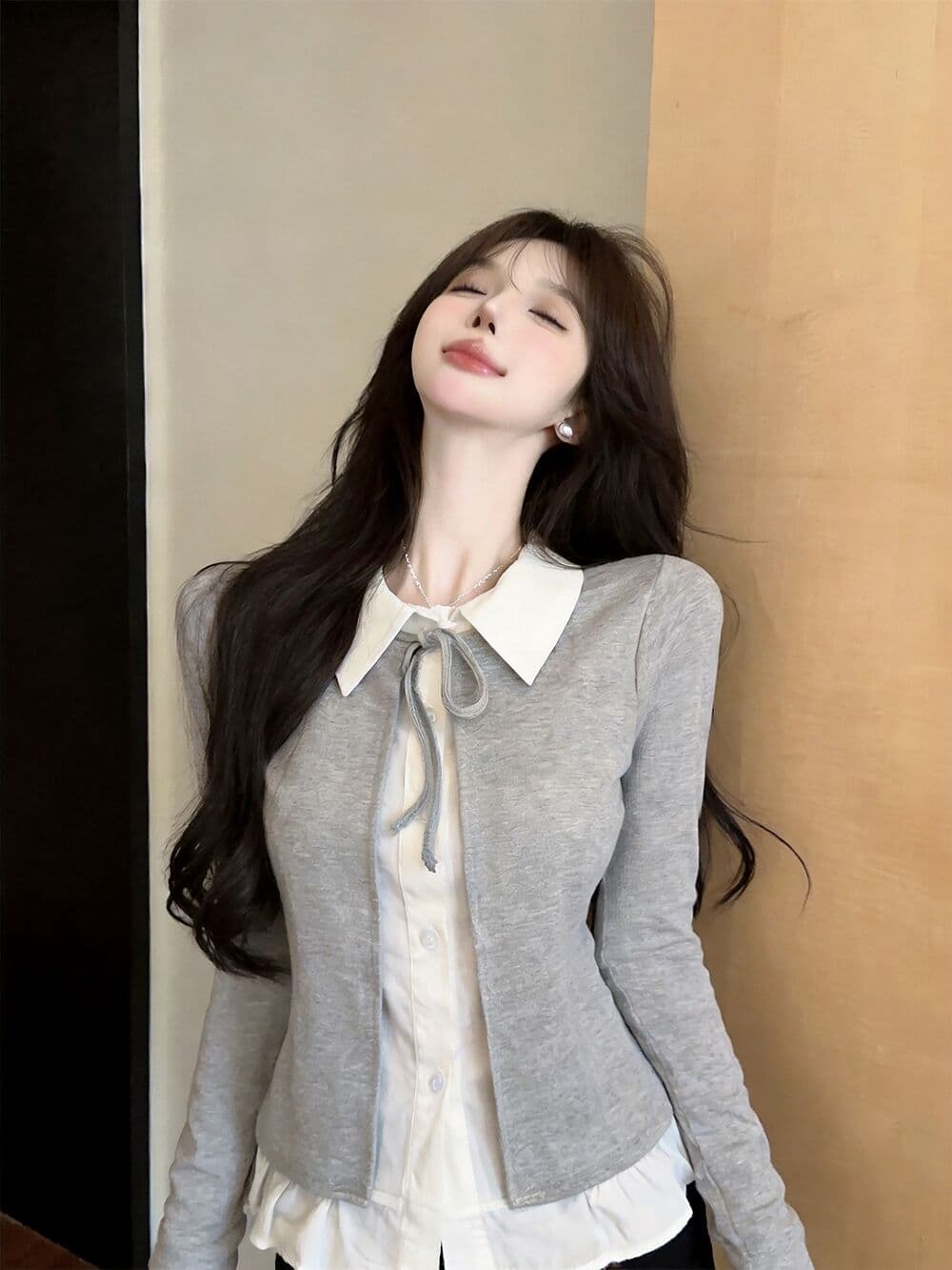 실사 새로운 자이언트 잘 생긴 순수한 욕망 핫걸 고유 한 디자인 센스 패치워크 페이크 레이어드 나팔 소매 맨위 여성 상세 이미지 19