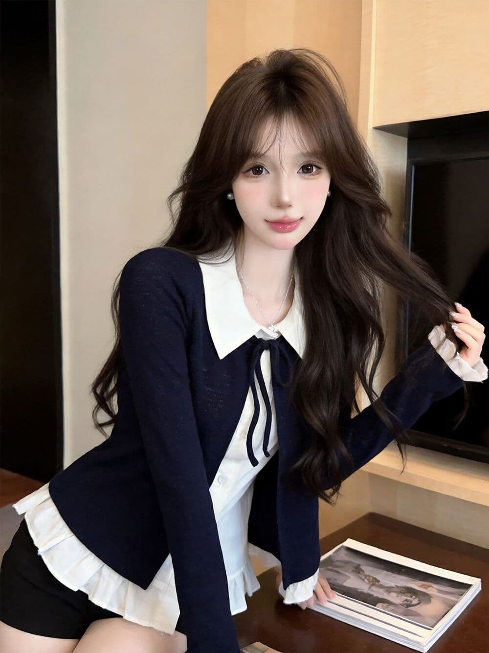 실사 새로운 자이언트 잘 생긴 순수한 욕망 핫걸 고유 한 디자인 센스 패치워크 페이크 레이어드 나팔 소매 맨위 여성 상세 이미지 2