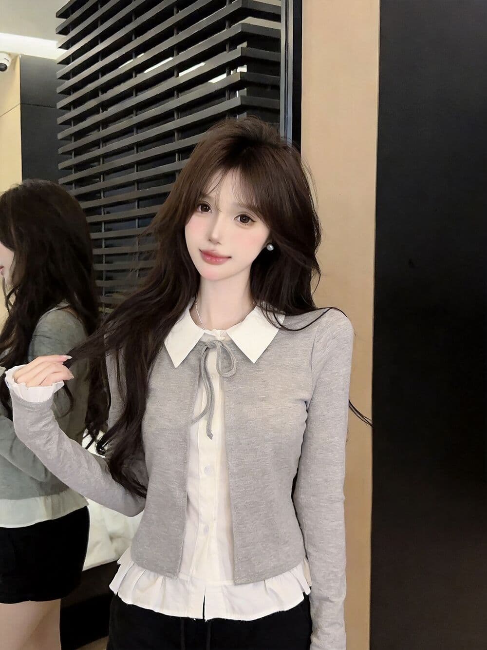 실사 새로운 자이언트 잘 생긴 순수한 욕망 핫걸 고유 한 디자인 센스 패치워크 페이크 레이어드 나팔 소매 맨위 여성 이미지 4